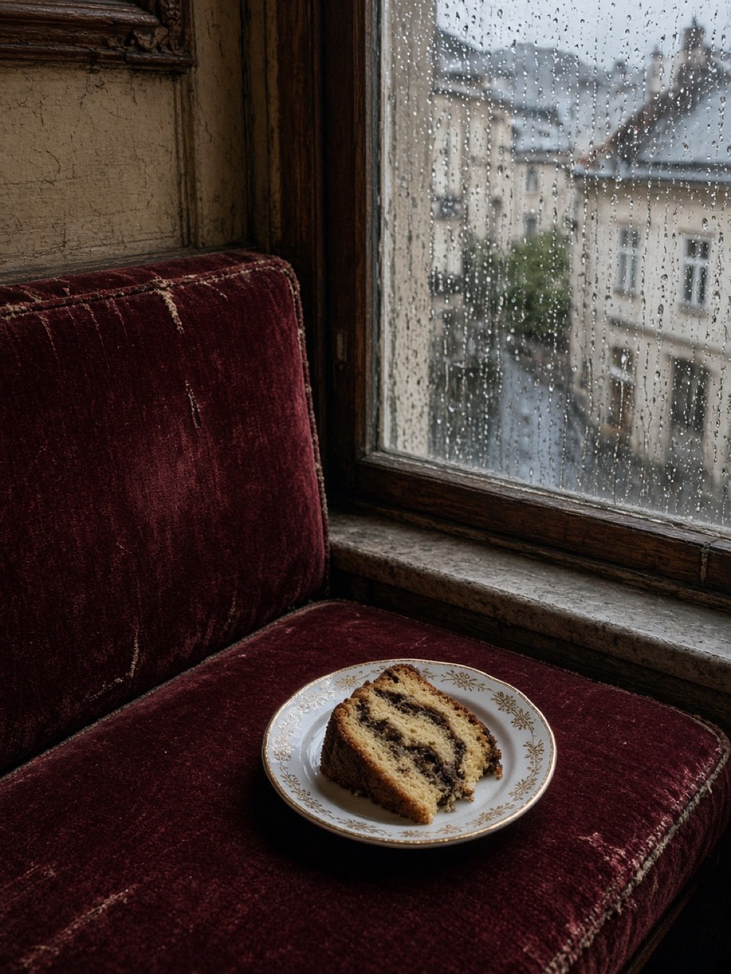 Bank am Fenster, draußen Regen